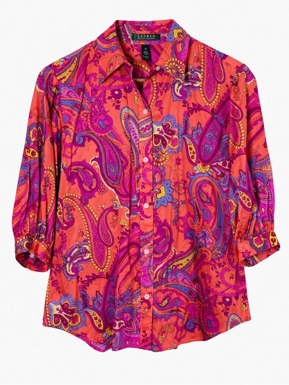 Lauren Ralph Lauren Paisley Button Shirt M Coral Pink 100% Cotton Fall Layering